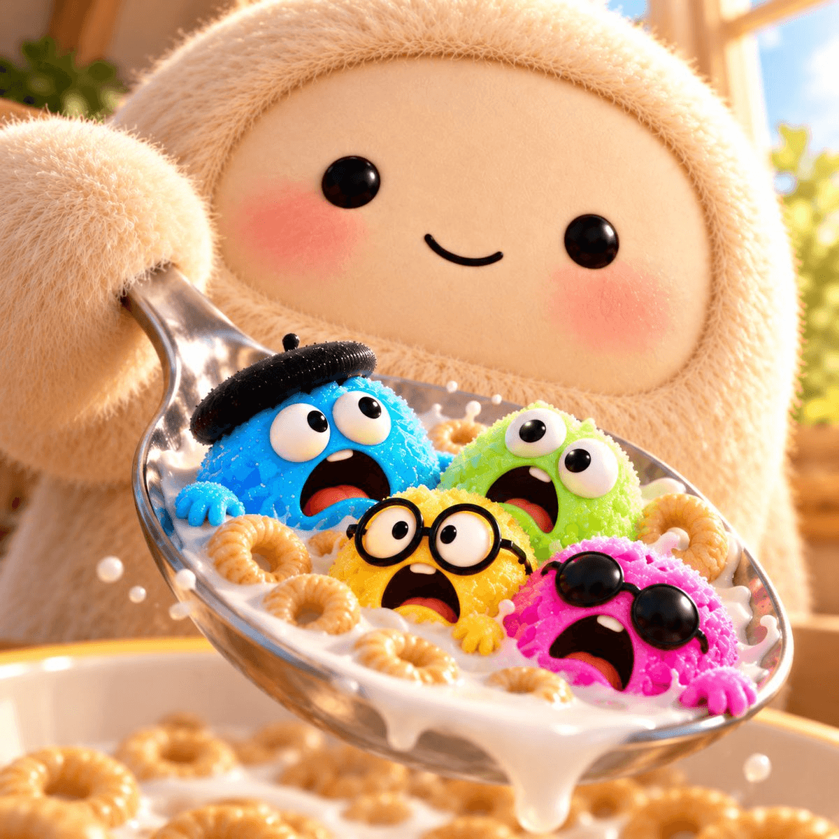 Playful illustration of colorful dots characters in a cereal spoon