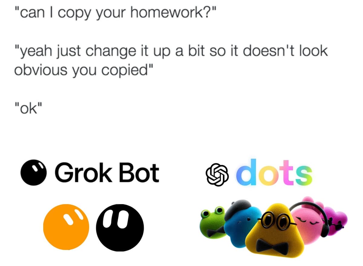 Meme comparing Grok Bot's mascots with OpenAI dots