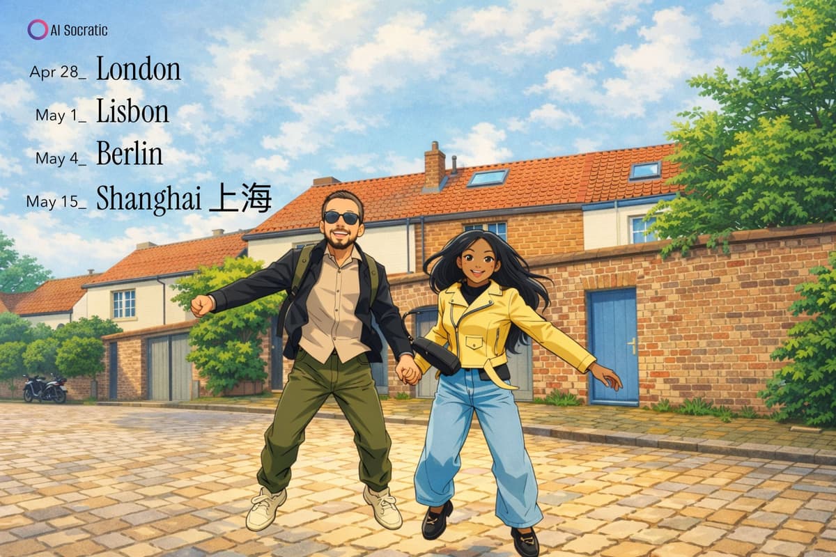 Illustrated AI Socratic tour announcement featuring Federico and Anissa, with stops in London, Lisbon, Berlin, and Shanghai