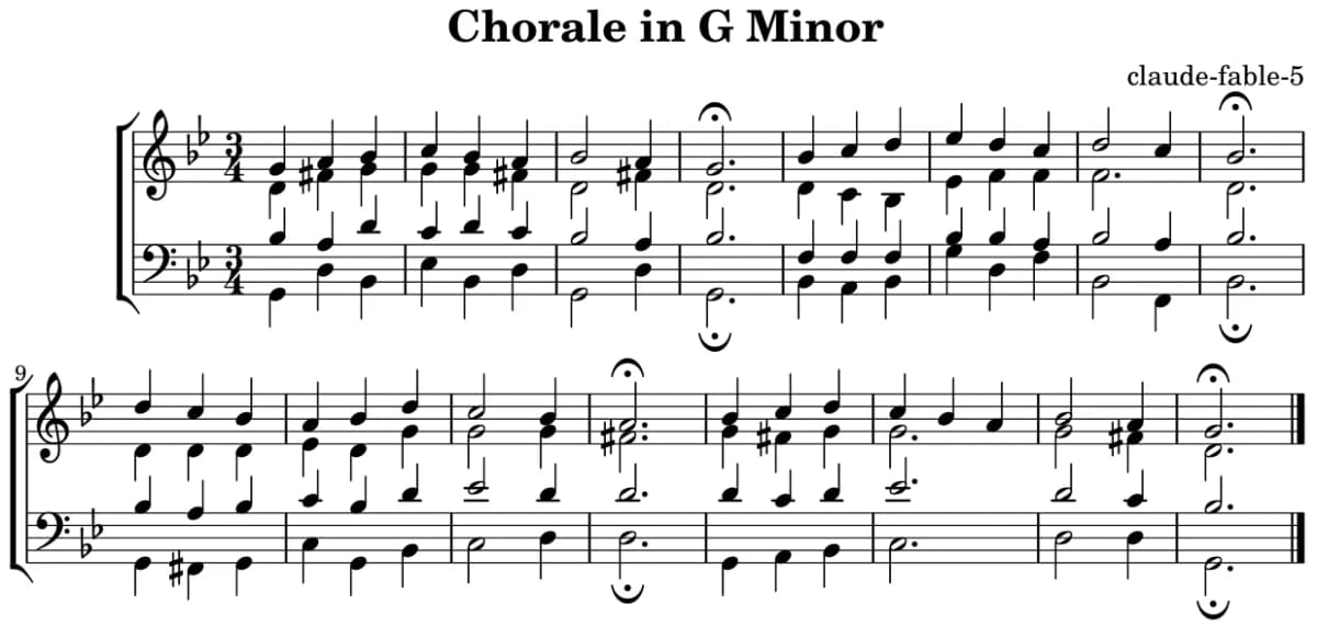 Engraved score of Claude Fable 5's four-part chorale in G minor, labelled claude-fable-5