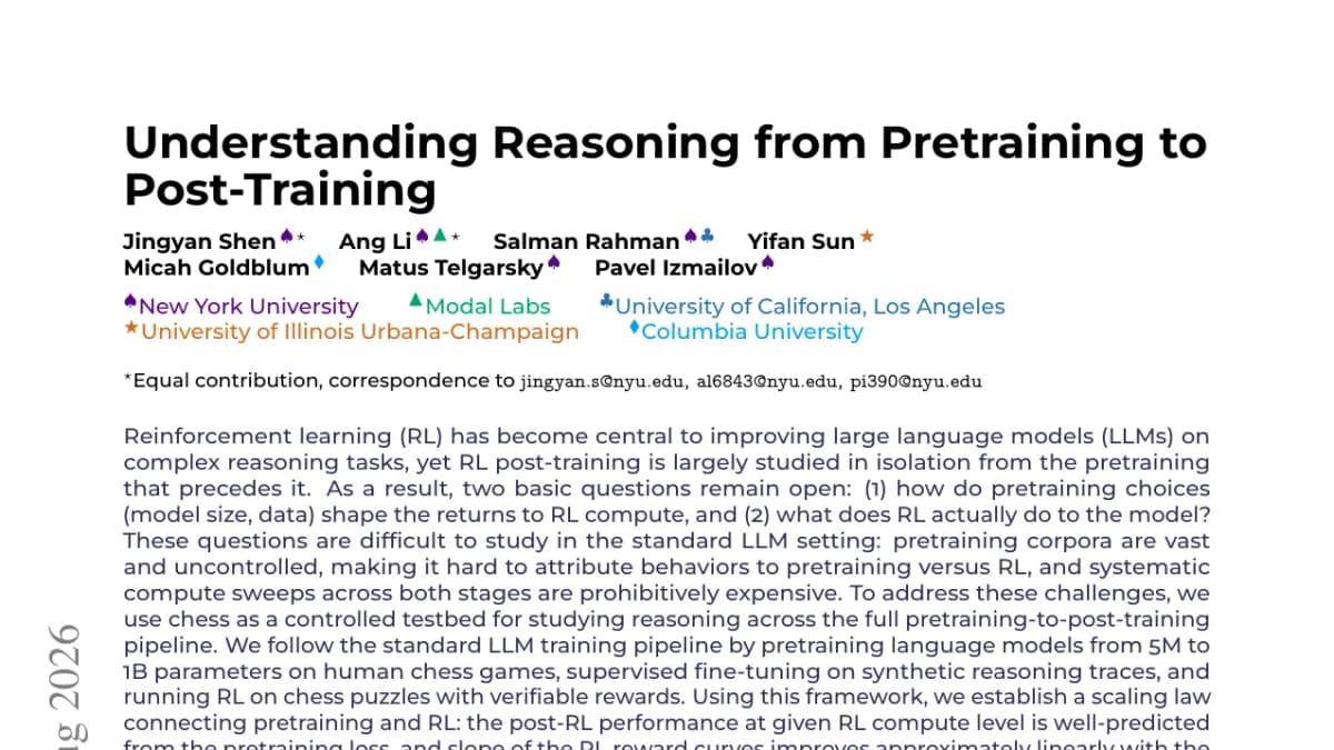 NYU fits a pretraining–RL scaling law on chess, with RL's optimal share rising to 28%