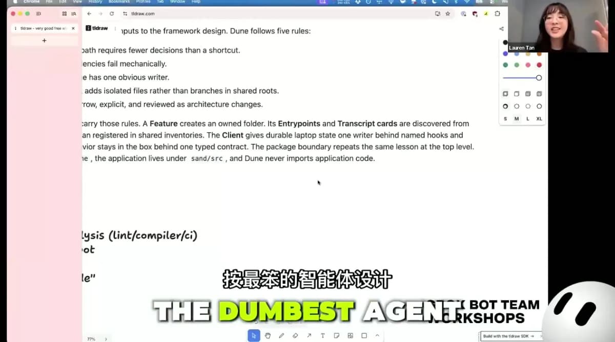 Frame from Lauren Tan's GrokBot workshop showing the Dune architecture's CI guardrails