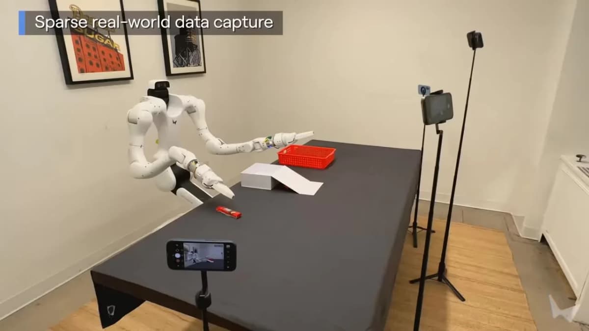 A two-armed robot at a table, filmed by phones and action cameras on tripods, captioned "Sparse real-world data capture"