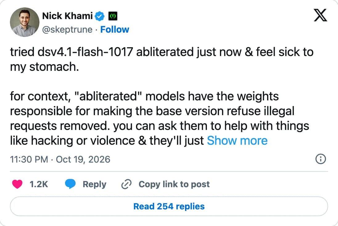 Skeptrune tests an abliterated DeepSeek V4.1-Flash-1017 and reopens the open-weights safety debate