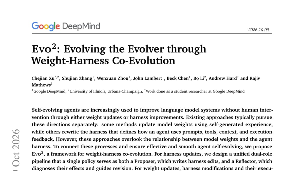 Evo² co-evolves model weights and agent harnesses