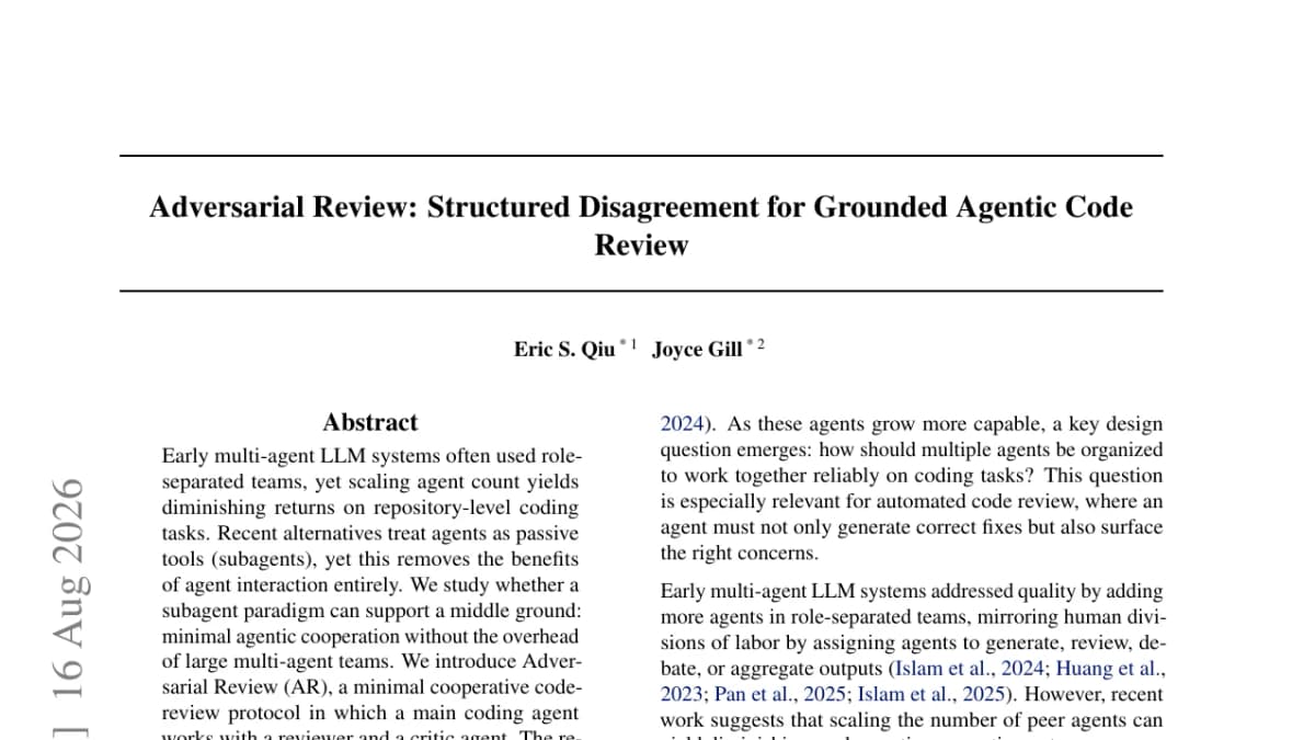 Adversarial Review: three agents hit 75.2% on SWE-bench Verified by forcing disagreement