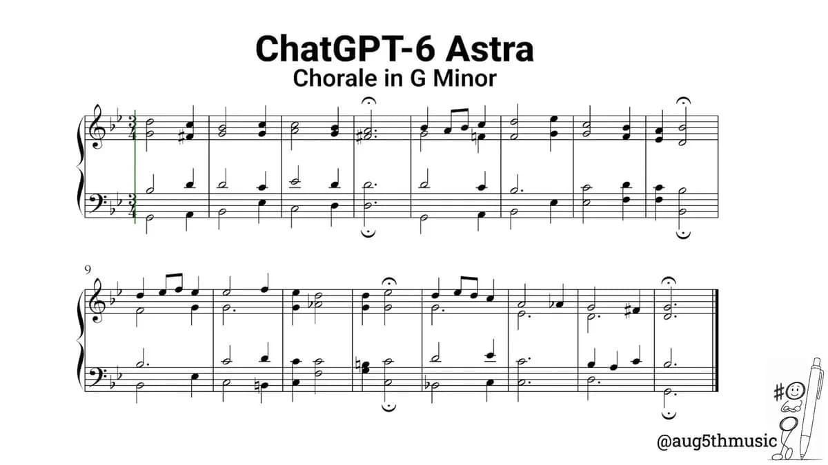 Engraved score of GPT-6 Astra's 16-bar four-part chorale in G minor, soprano and alto on the treble staff, tenor and bass on the bass staff