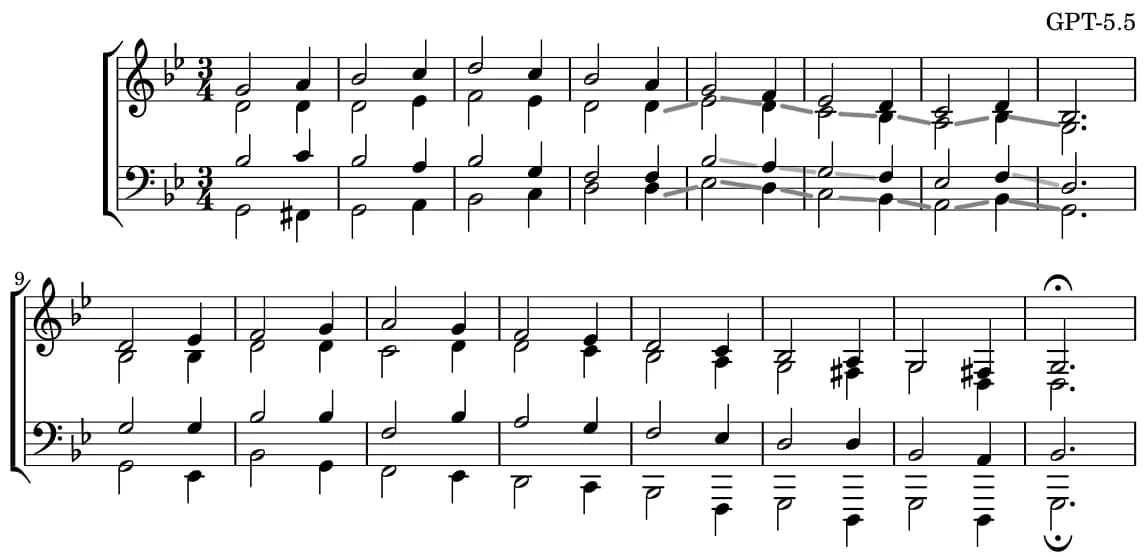Engraved score of GPT-5.5's chorale with grey lines marking parallel intervals and a bass line descending far below the staff on many ledger lines