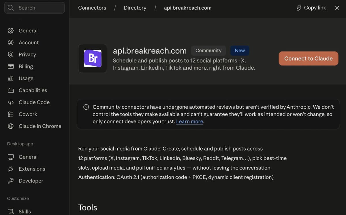 Claude connector directory listing for api.breakreach.com, badged Community and New, with a Connect to Claude button and a notice that community connectors are not verified by Anthropic