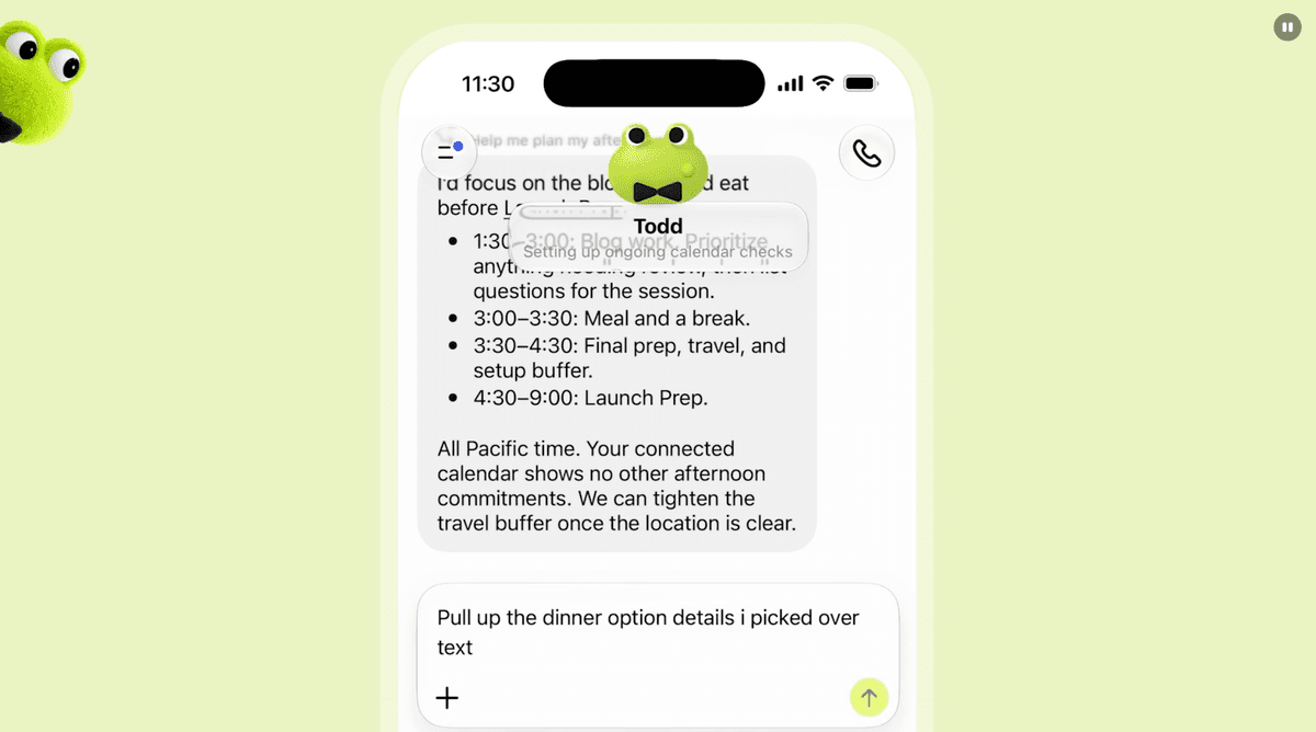 OpenAI dots product demonstration showing scheduling assistance in ChatGPT
