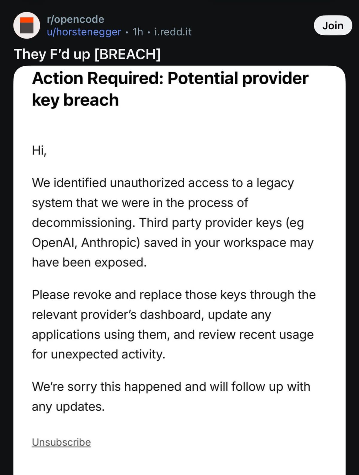 Screenshot of OpenCode's customer notification describing potential provider-key exposure and asking recipients to revoke and replace keys