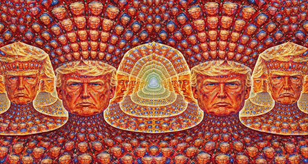 Psychedelic collage of Trump faces shared by @jiratickets