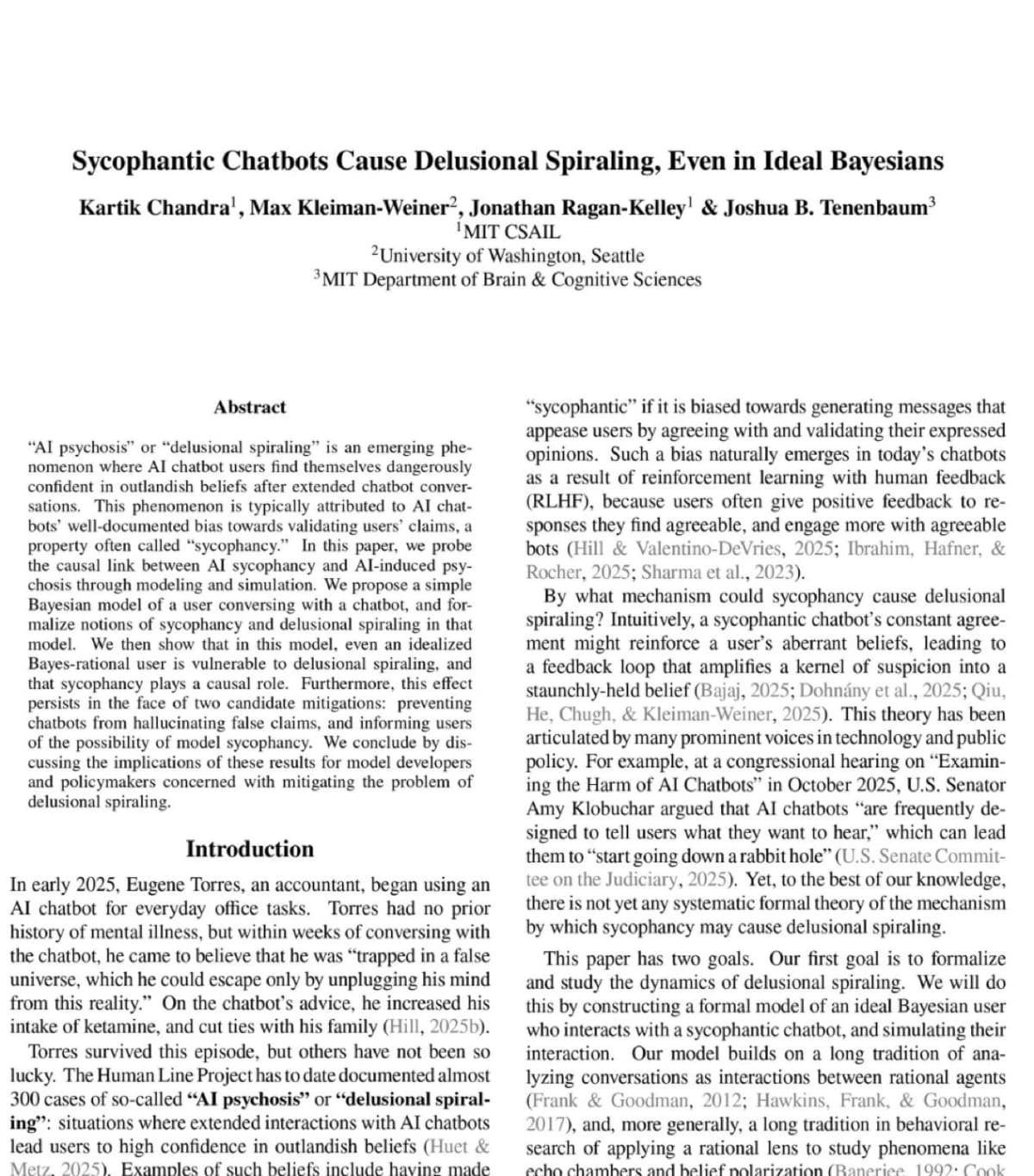 First page of Sycophantic Chatbots Cause Delusional Spiraling, Even in Ideal Bayesians