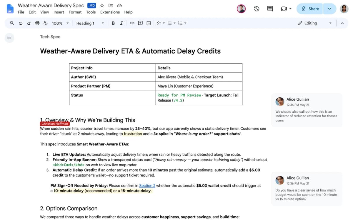 Google Docs editing a native Markdown specification with comments