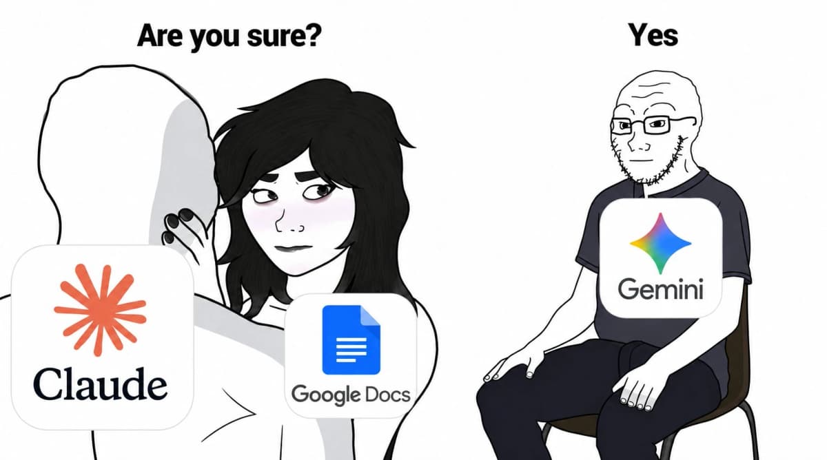 Satirical Justice for Gemini meme about Claude working in Google Docs