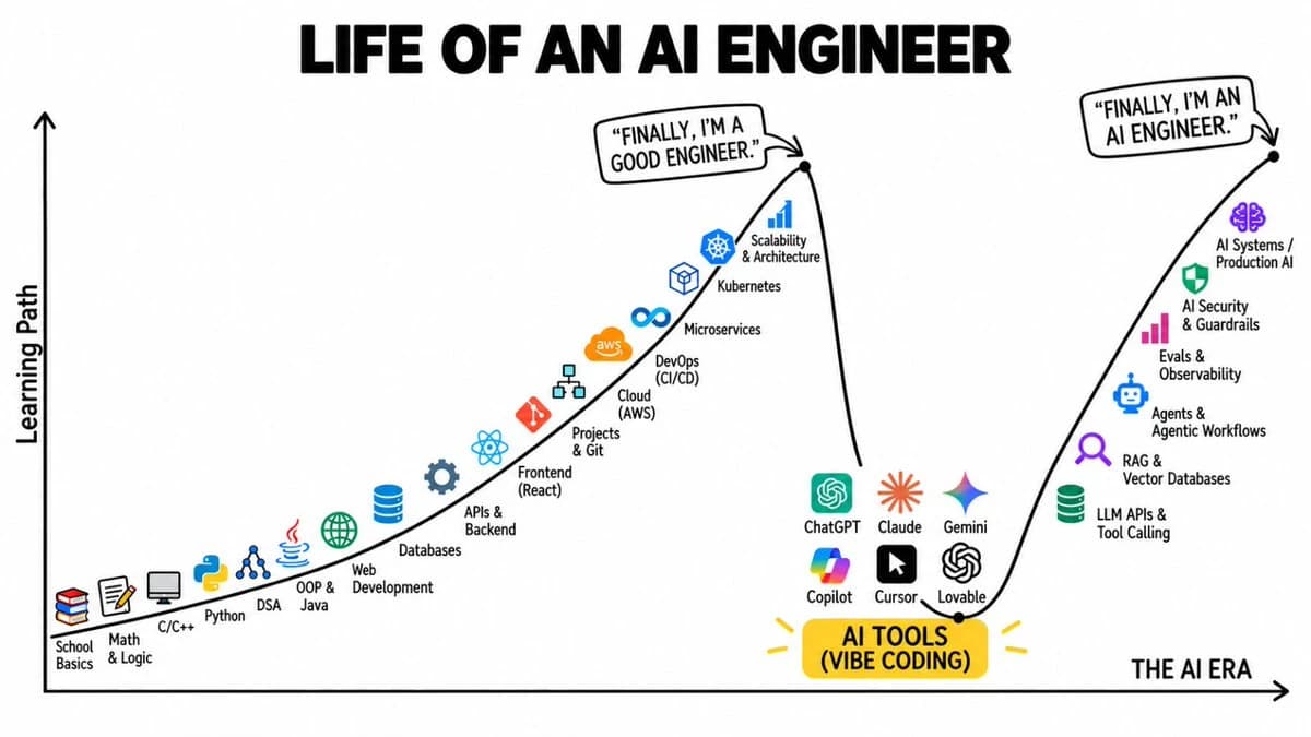Life of an AI Engineer learning-curve illustration from software foundations through AI systems