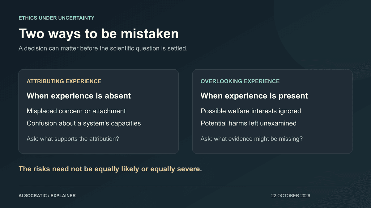 Two possible errors under uncertainty: attributing experience where it is absent, and overlooking experience where it exists